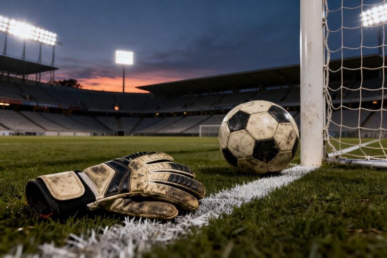 Gants de gardien et ballon posés sur la ligne de but d un stade vide au crépuscule.
