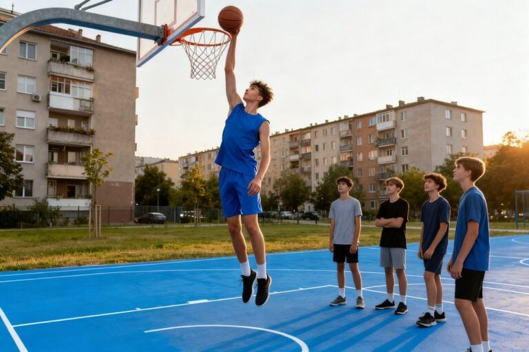Un joueur en tenue bleue s'élève au panier sur un playground bleu, des adolescents le regardent