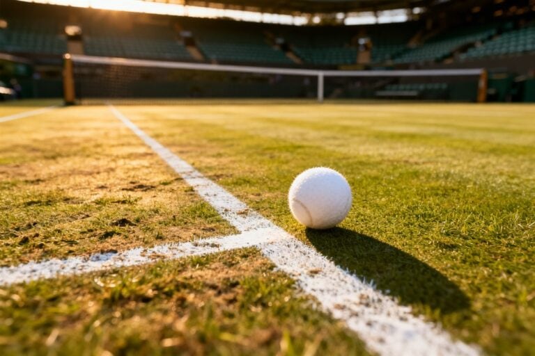 Ligne de fond d'un court en gazon avec une balle de tennis blanche près du filet
