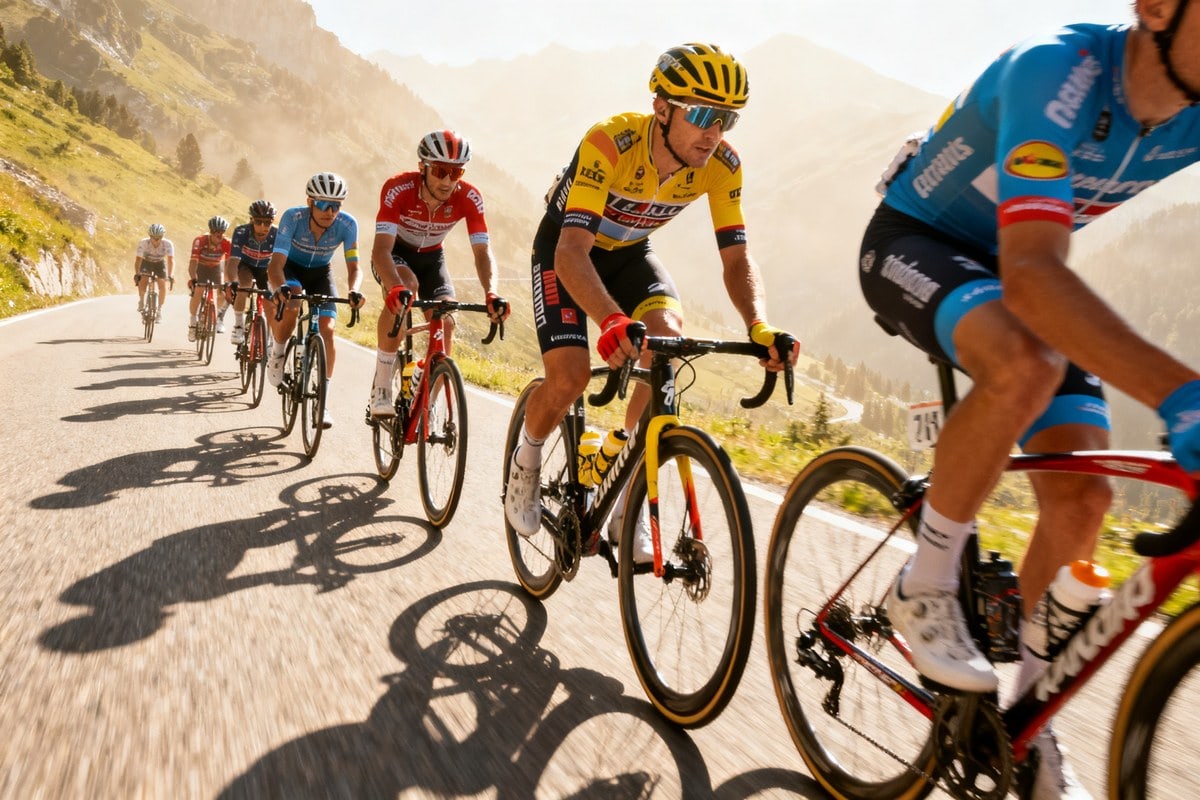 Un groupe de cyclistes en file sur une route de montagne ensoleillée, maillot jaune en tête