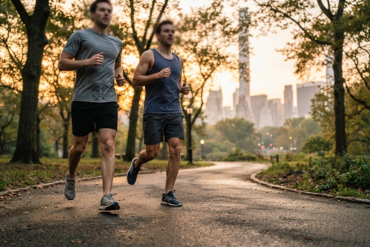 Deux coureurs amateurs en tenue neutre courent sur une allée de parc urbain au lever du soleil, chaussures en évidence