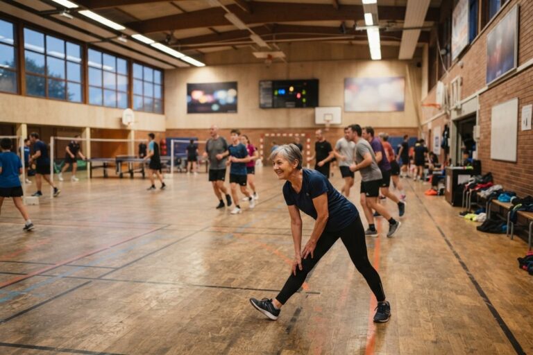 Des sportifs amateurs de tous âges s'échauffent dans un gymnase de club, une femme senior s'étire au premier plan