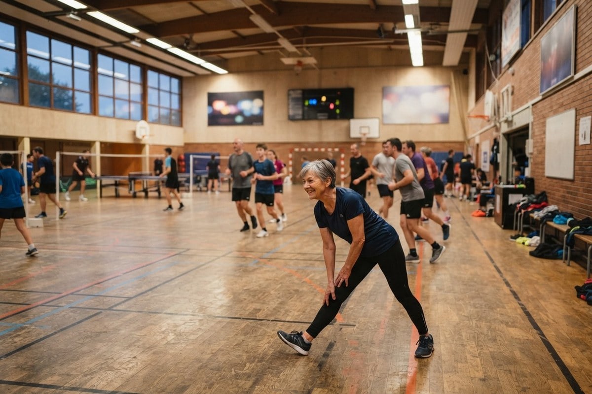 Des sportifs amateurs de tous âges s'échauffent dans un gymnase de club, une femme senior s'étire au premier plan