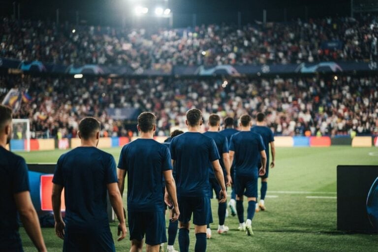 Des footballeurs en maillot bleu entrent sur la pelouse d'un stade éclairé, devant des tribunes pleines.