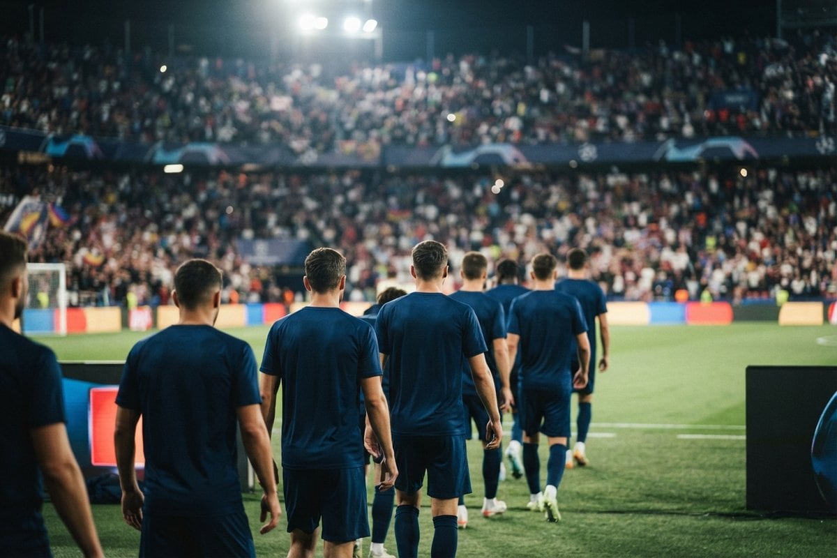 Des footballeurs en maillot bleu entrent sur la pelouse d'un stade éclairé, devant des tribunes pleines.