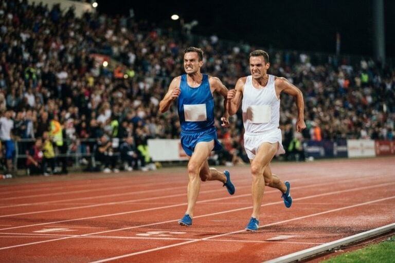 Deux coureurs de fond luttent coude à coude dans la dernière ligne droite d'un stade éclairé et comble