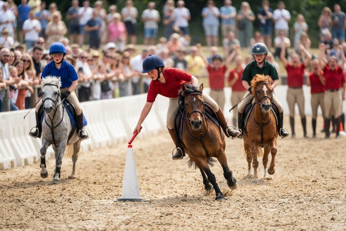 Jeune cavalière en polo rouge penchée sur son poney pour poser un bâton sur un plot, deux concurrents derrière
