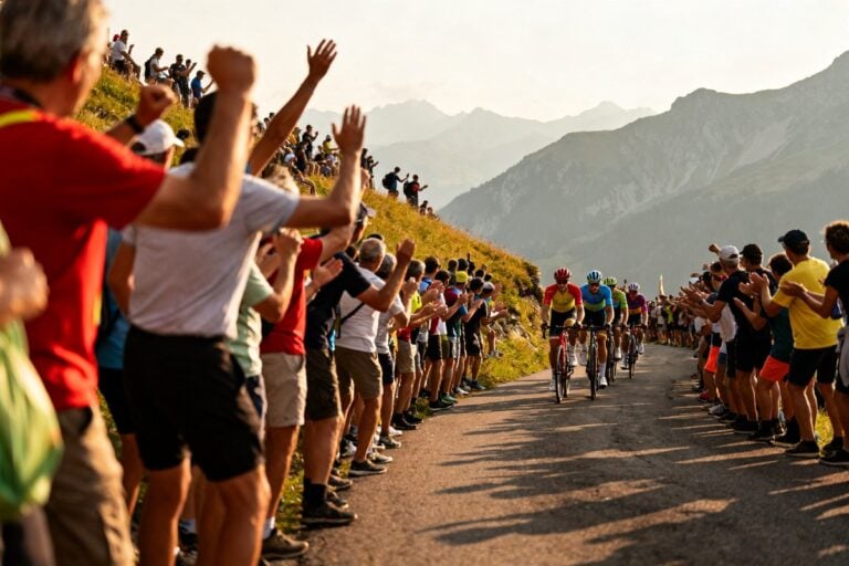 Une foule dense encourage un groupe de cyclistes qui grimpe une route de montagne au soleil couchant