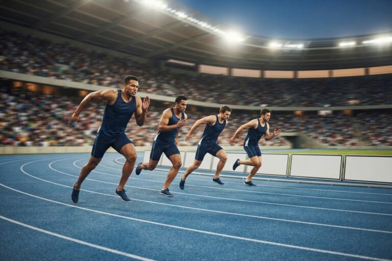 Quatre sprinteurs en tenue bleu marine lancés dans un virage de piste, sous les projecteurs d'un stade