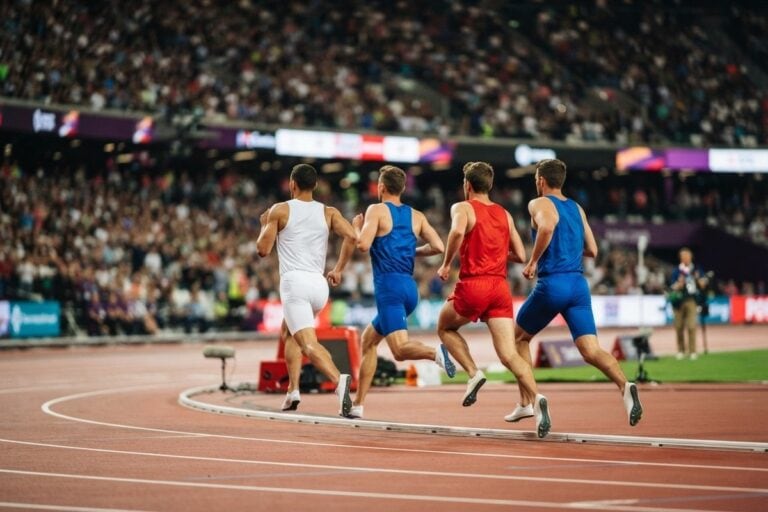 Quatre coureurs de demi-fond dans le virage d'une piste d'athlétisme, sous les projecteurs d'un stade plein