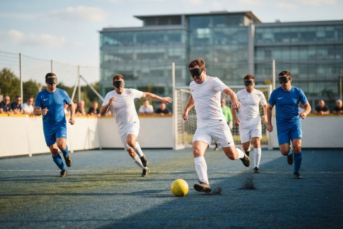 Cinq joueurs de cécifoot masqués courent vers un ballon jaune sur un terrain bleu, devant un bâtiment vitré.