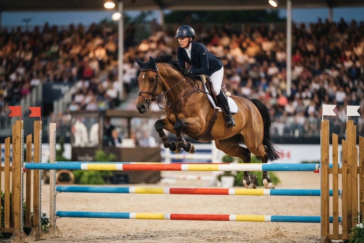Un cheval bai et sa cavalière franchissent un oxer coloré devant des tribunes pleines.