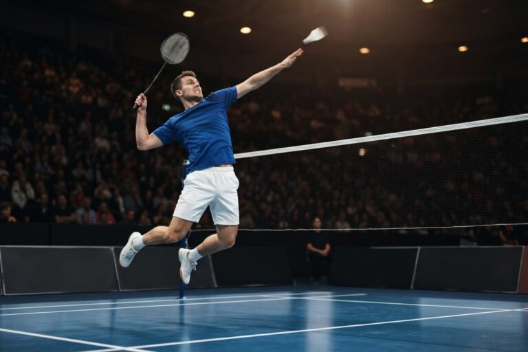 Un joueur de badminton s'élève au-dessus du filet, bras tendu, pour frapper un volant sur un terrain bleu.
