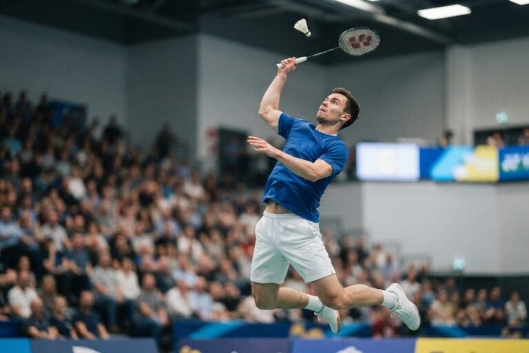 Joueur de badminton en suspension au moment du smash dans une salle, public flou dans les tribunes