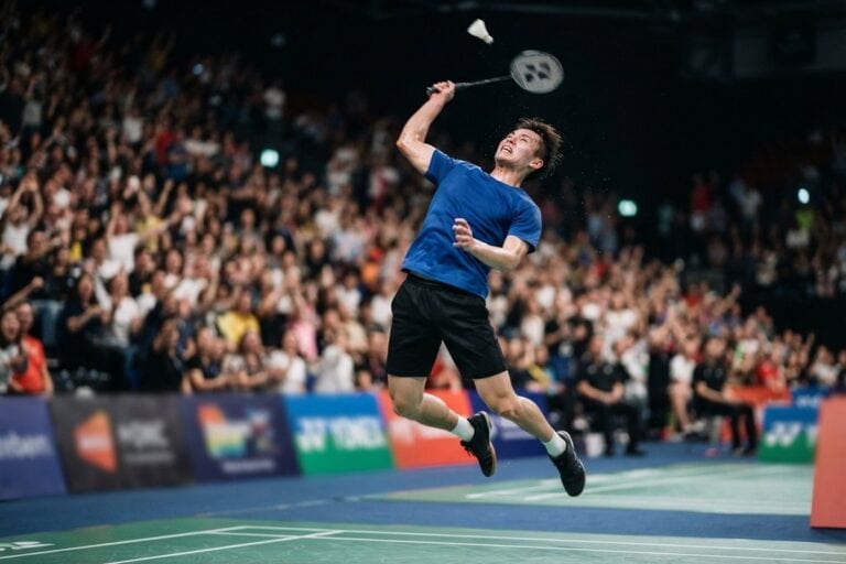 Joueur de badminton en suspension, bras levé, frappant un smash devant des tribunes pleines