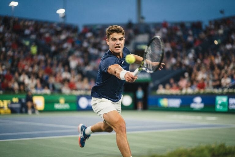 Un joueur de tennis en maillot bleu frappe un revers sur un court dur, devant des tribunes pleines et floues.