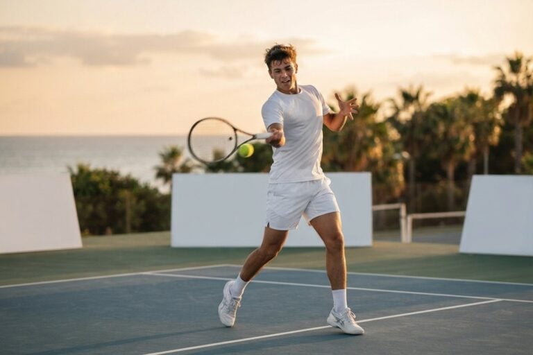 Jeune joueur de tennis en pleine frappe de coup droit sur un court en dur, en bord de mer, au coucher du soleil
