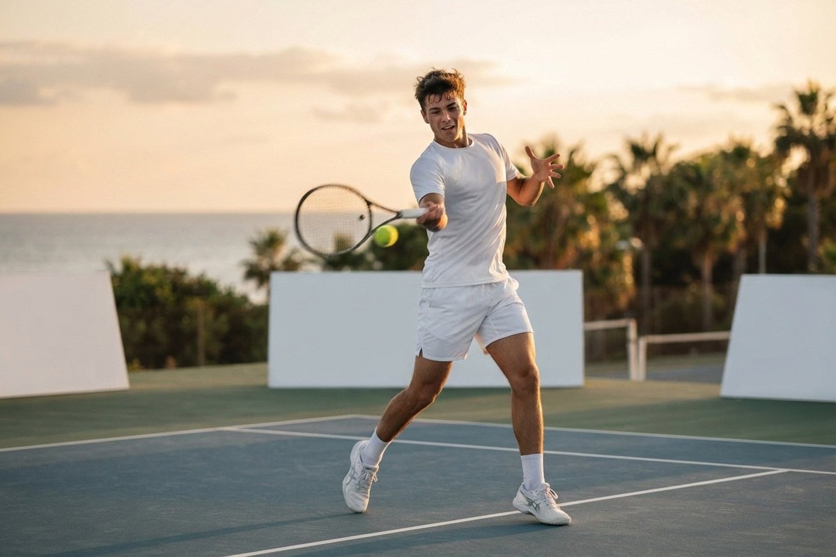 Jeune joueur de tennis en pleine frappe de coup droit sur un court en dur, en bord de mer, au coucher du soleil