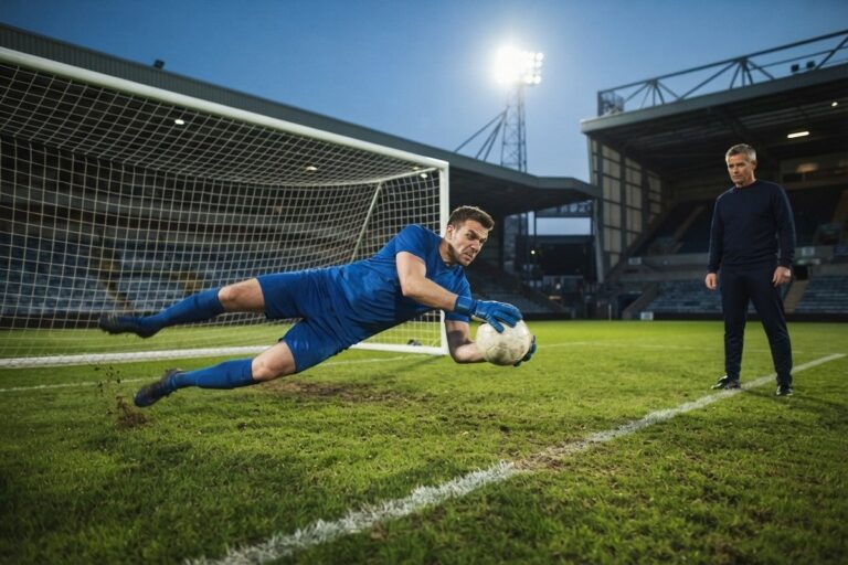 Un gardien de but en tenue bleue plonge pour capter le ballon devant sa cage, un entraîneur l'observe