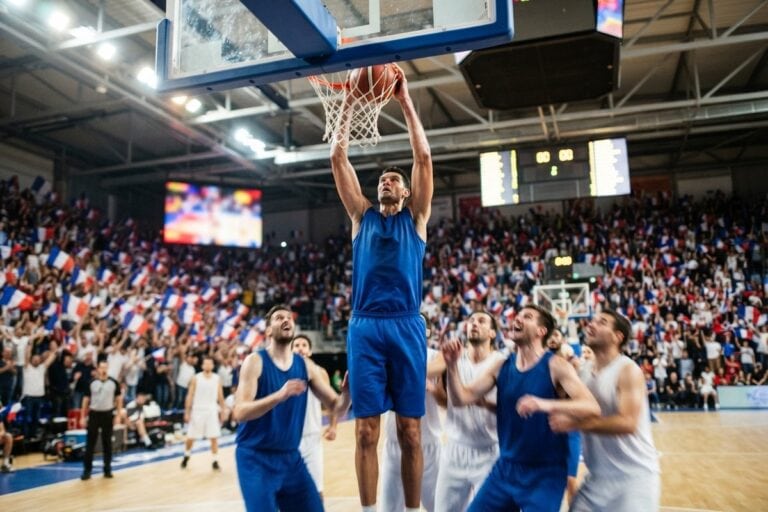 Un basketteur en maillot bleu conclut un dunk à deux mains devant une salle comble agitant des drapeaux français