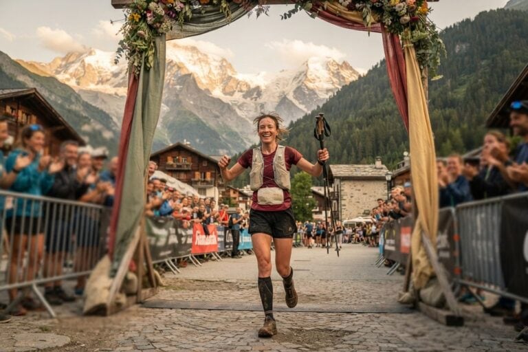 Une traileuse souriante franchit une arche d'arrivée fleurie dans un village alpin, bâtons en main, devant le public
