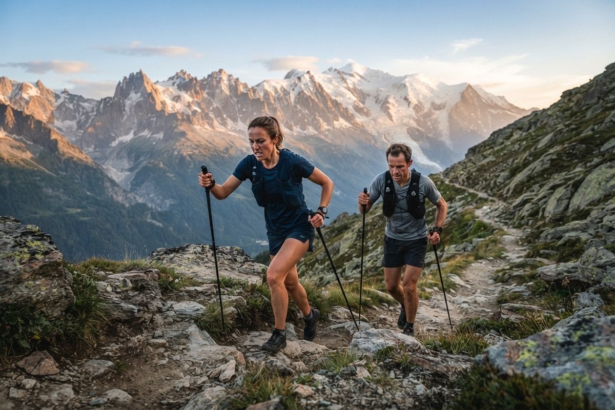 Deux traileurs, une femme et un homme, montent un sentier rocheux avec des bâtons face à un massif enneigé