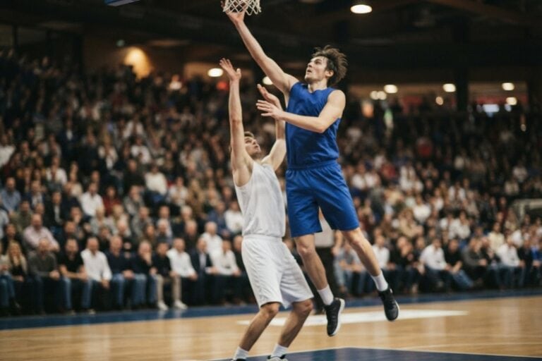 Un basketteur en maillot bleu monte au panier devant un défenseur en blanc, dans une salle comble