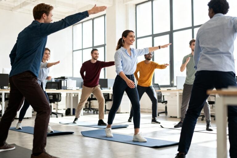 Des salariés font une séance d'étirements sur des tapis au milieu d'un bureau en open space