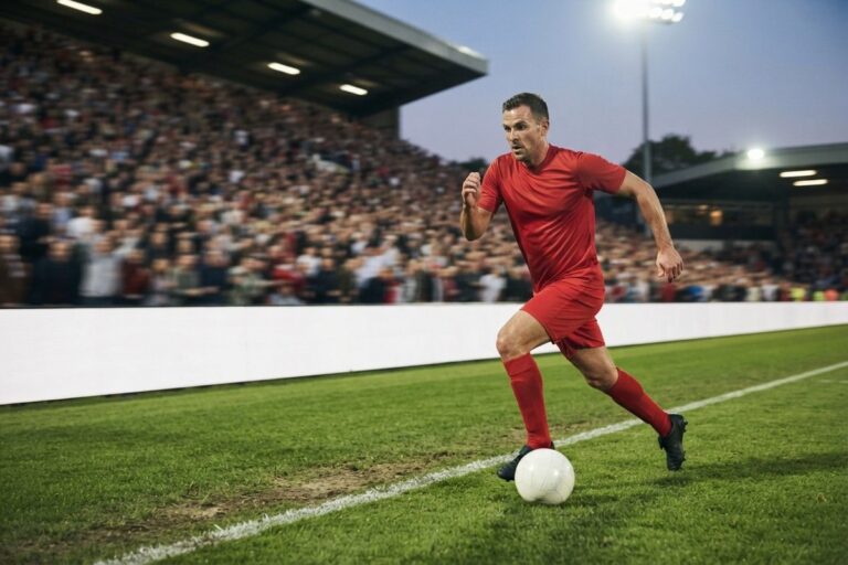 Un footballeur en tenue rouge conduit le ballon le long de la ligne de touche devant des tribunes pleines