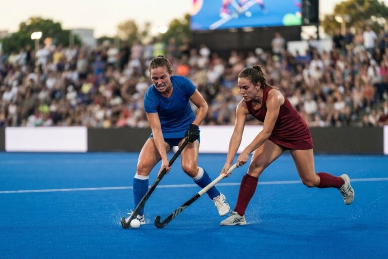 Deux joueuses de hockey sur gazon disputent la balle crosse contre crosse sur un terrain synthétique bleu