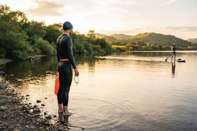Un nageur en combinaison, bonnet et lunettes à la main, au bord d'un lac au coucher du soleil, un paddle au loin