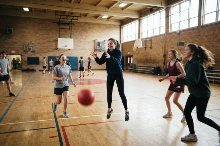 Des adolescents jouent au ballon dans un gymnase scolaire, une jeune fille saute pour attraper la balle.