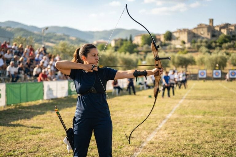Une archère en pleine visée avec un arc classique sur un terrain extérieur, cibles et gradins au second plan