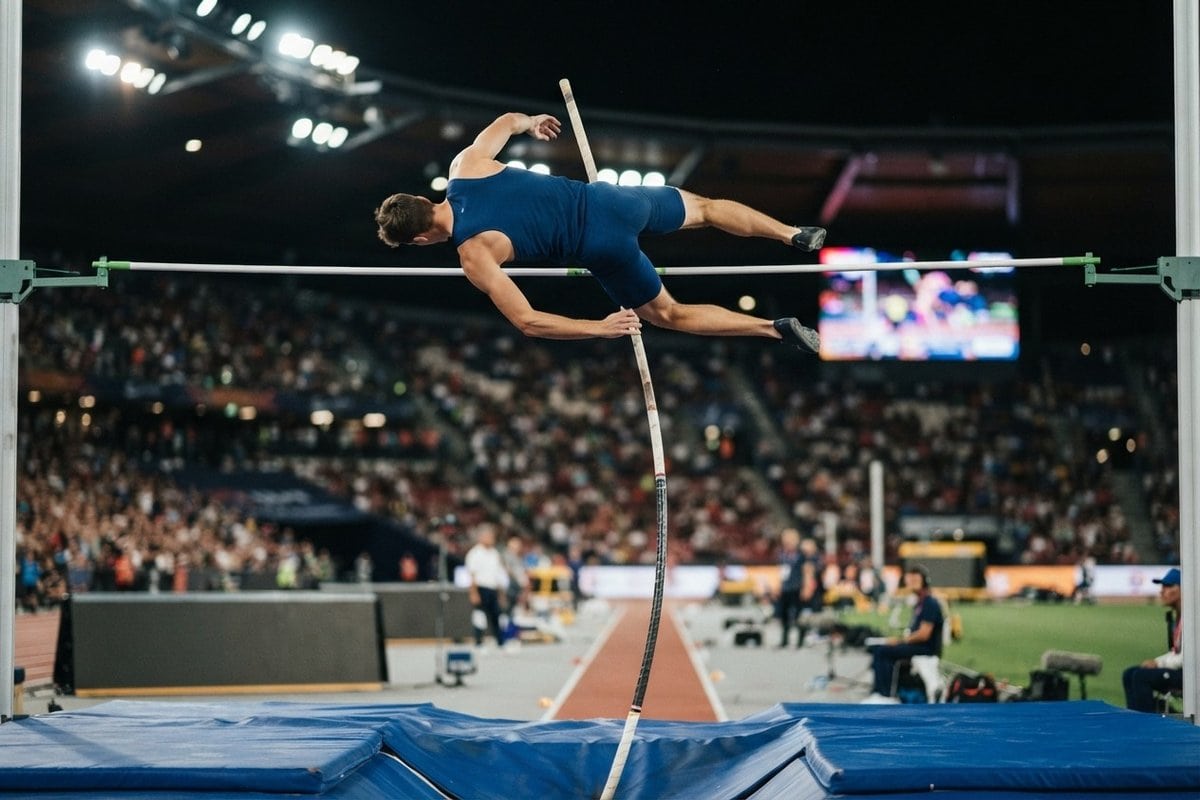 Perchiste franchissant la barre au-dessus du tapis de réception dans un stade éclairé de nuit