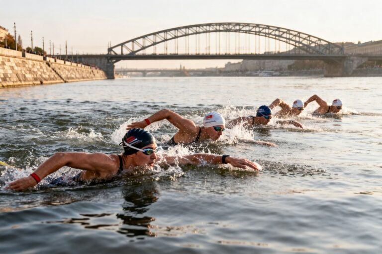 Groupe de nageurs en eau libre progressant dans un fleuve urbain devant un pont métallique