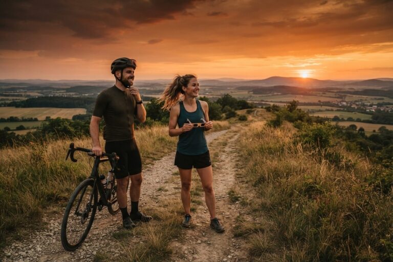 Un cycliste et une coureuse à l'arrêt sur un chemin de crête au coucher du soleil, lunettes en carton à la main
