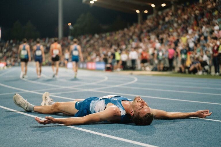 Un coureur allongé bras en croix sur une piste d'athlétisme bleue, le soir, devant des tribunes pleines