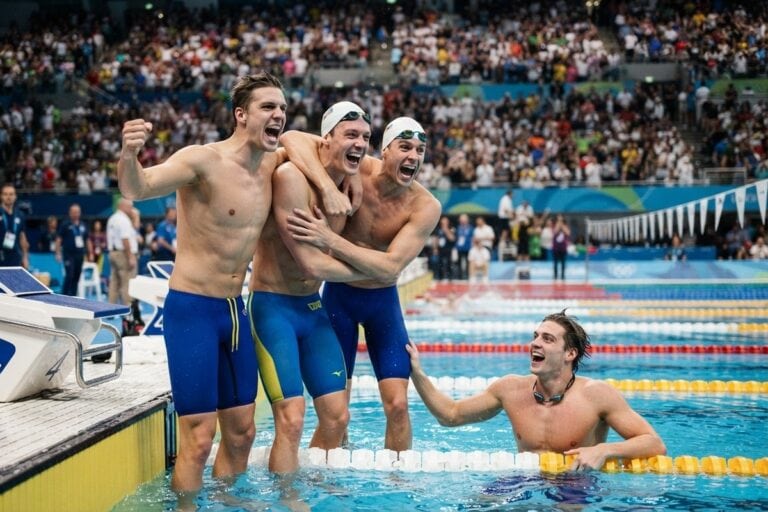 Quatre nageurs célèbrent leur relais au bord d'un bassin olympique, un cinquième dans l'eau, tribunes pleines