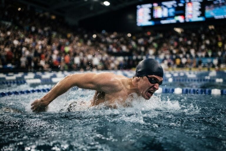 Un nageur en plein effort sur un bassin olympique, tribune remplie de spectateurs en arrière-plan