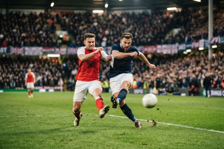 Deux footballeurs au duel devant les buts, l'un frappe le ballon, dans un stade plein en soirée