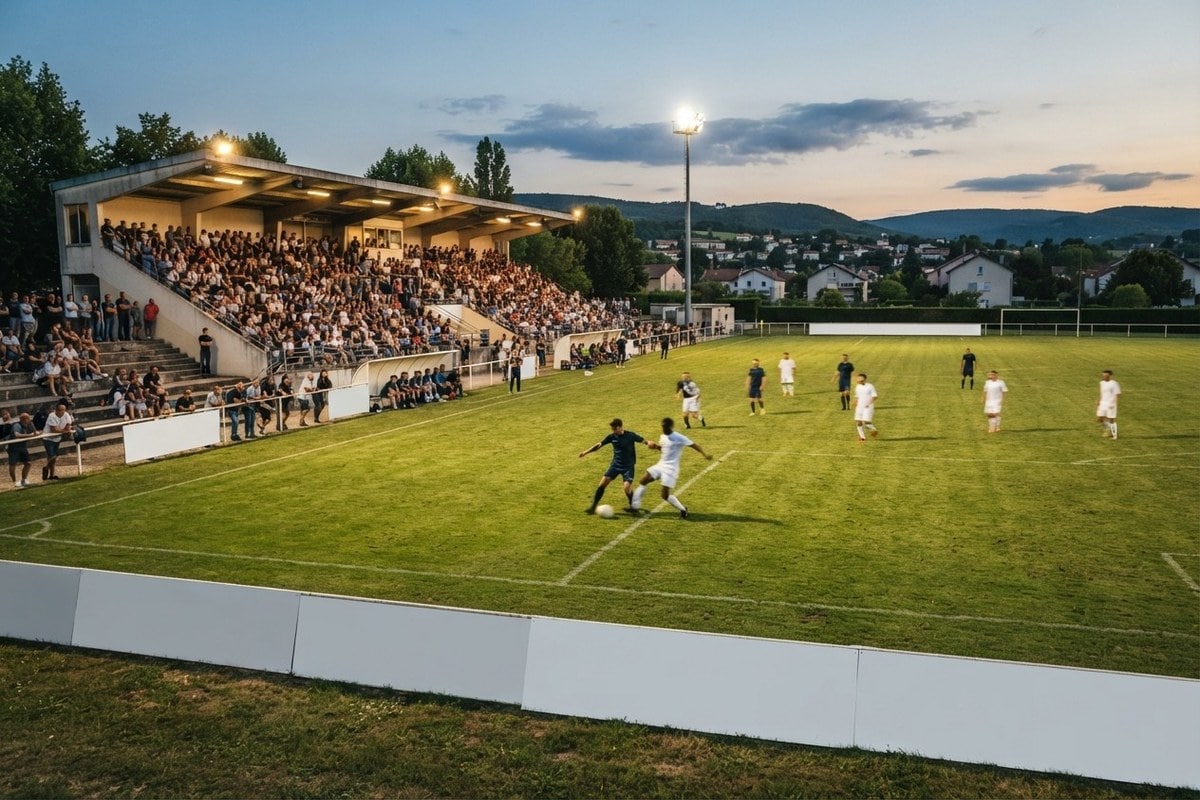 Des joueurs de football disputent le ballon sur une pelouse, devant une tribune pleine, au crépuscule.