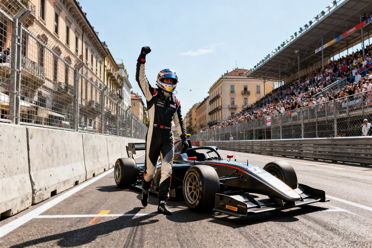 Pilote casqué le bras levé devant sa monoplace sur un circuit urbain bordé de tribunes pleines