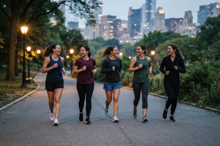 Cinq femmes courent ensemble sur une allée de parc urbain éclairée, à la tombée du jour