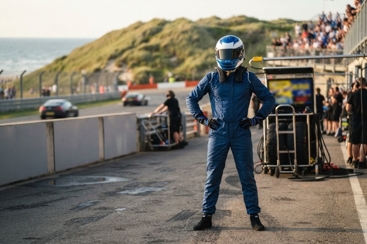 Pilote en combinaison bleue et casque intégral, mains sur les hanches dans la voie des stands d'un circuit en bord de mer