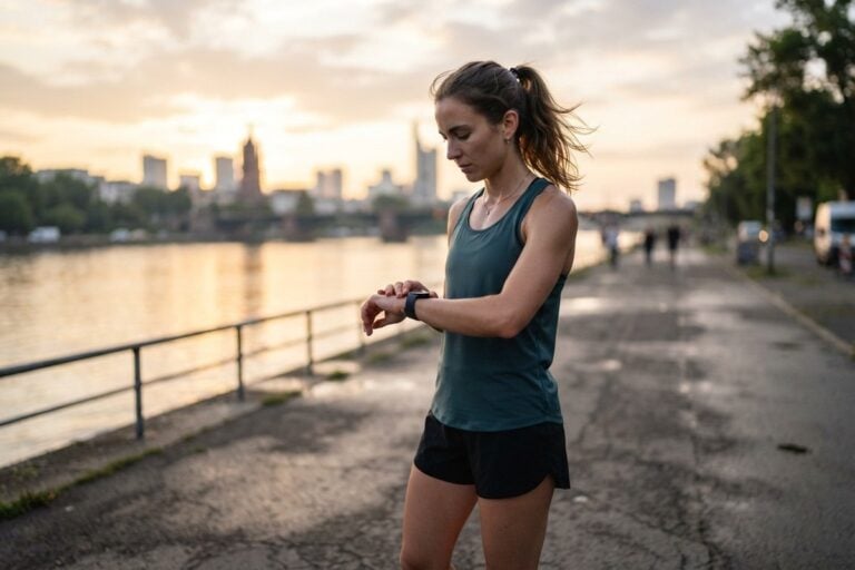 Une coureuse consulte sa montre connectée sur un quai au lever du soleil, silhouette urbaine en arrière-plan