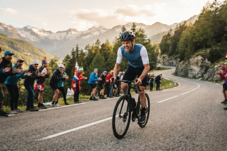 Cycliste seul en danseuse sur une route de montagne, encouragé par des spectateurs au bord de la chaussée