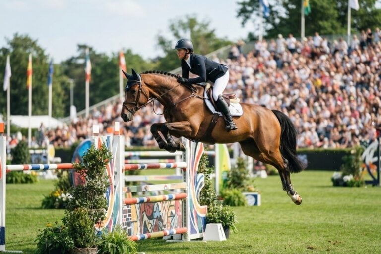 Cavalier en veste bleu marine franchissant un obstacle coloré sur un cheval bai, devant des tribunes remplies
