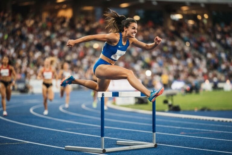 Une athlète franchit une haie à pleine vitesse sur une piste bleue, devant des tribunes remplies et floues.