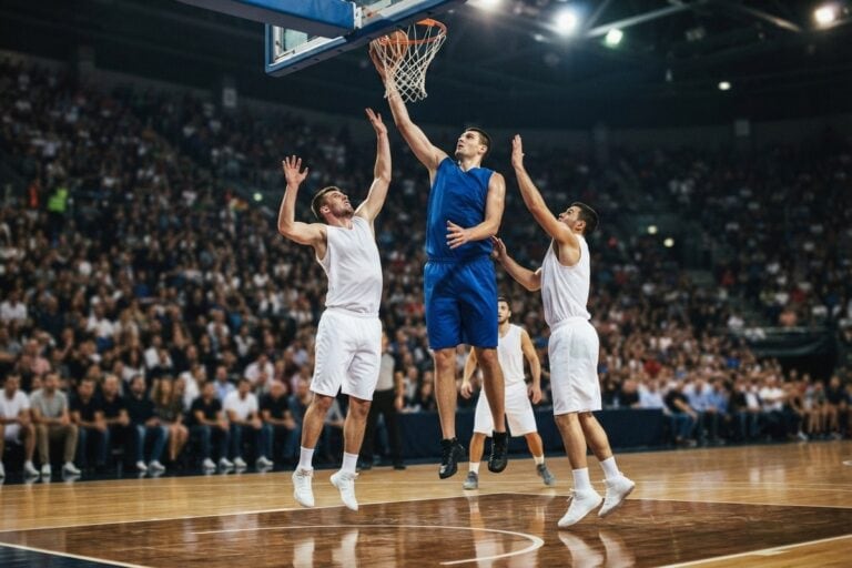 Un basketteur en maillot bleu monte au panier entre deux défenseurs en blanc, dans une salle comble.