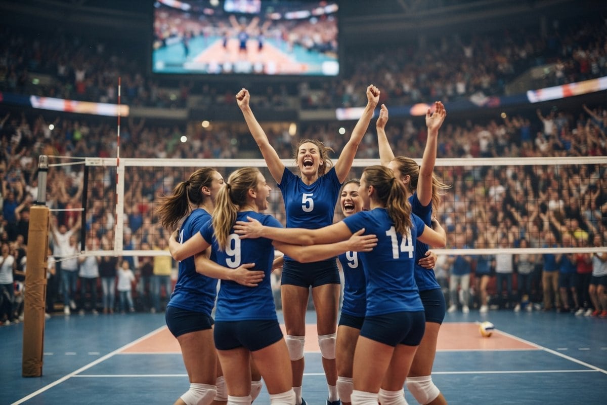 Des joueuses de volley en maillot bleu lèvent les bras pour célébrer un point devant une salle comble